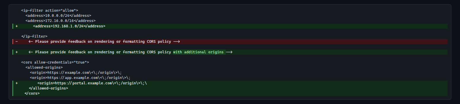 API Management policy showing inline character-level diffs in XML