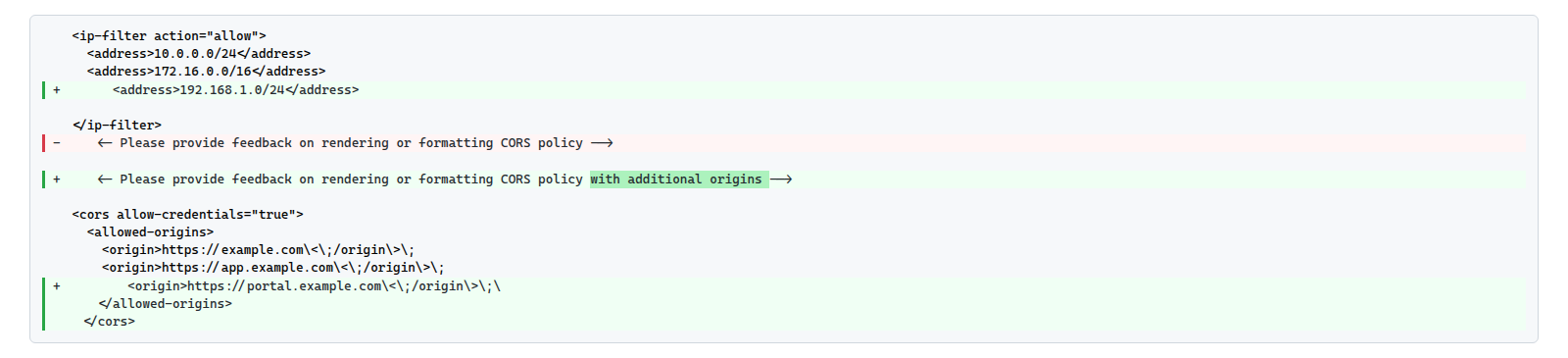 API Management policy showing inline character-level diffs in XML